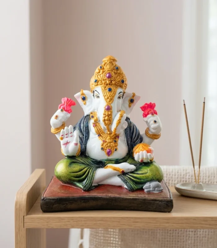 Regal Seated Ganesha with Emerald and Navy Drapery