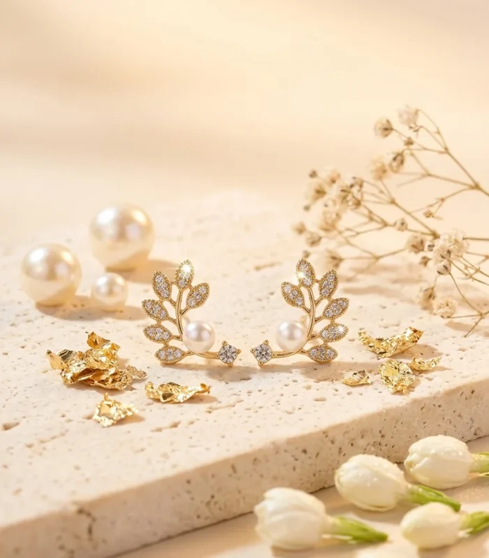 Gold Leaf Pearl Earrings with Crystal Design