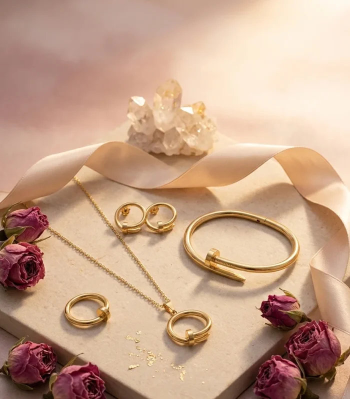 Gold Nail Necklace, Ring, Earrings & Bracelet Set | Wishbuds