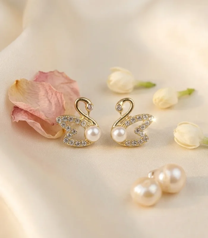 Gold Swan Pearl Earrings with Crystal Detailing