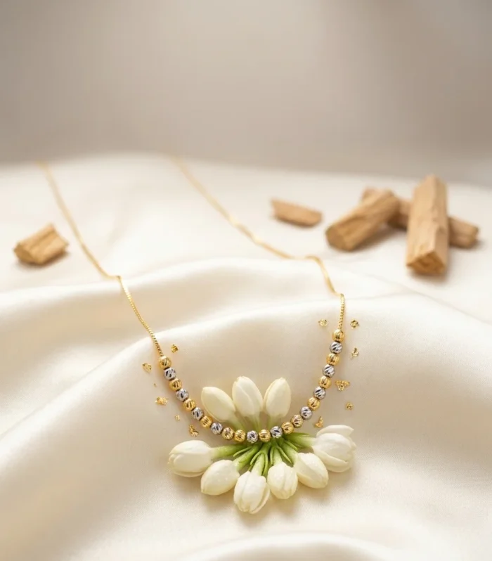 White Tulip Beaded Necklace – Elegant Floral Korean Style Necklace