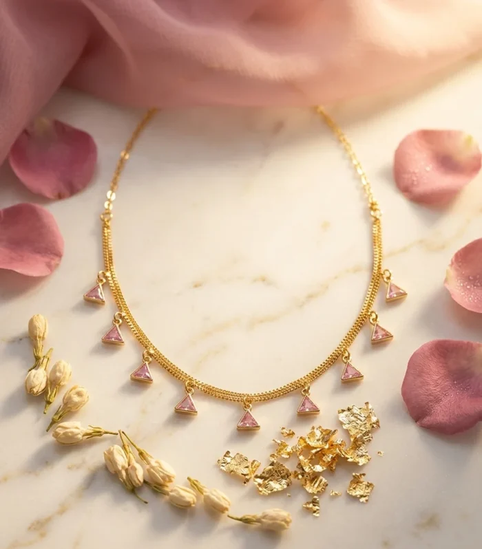 Pink Crystal Triangle Charm Layered Necklace