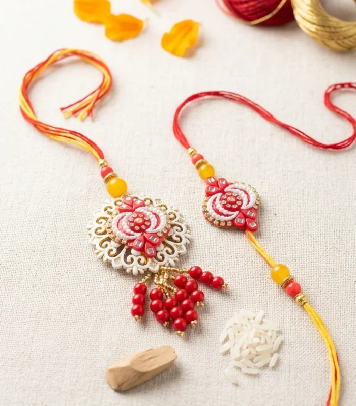 Kundan Pearl Bhaiya Bhabhi Rakhi Set with Red Beaded Tassels – Wishbuds