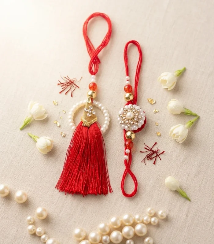 Pearl Kundan Bhaiya Bhabhi Rakhi Set with Red Tassel Lumba – Wishbuds