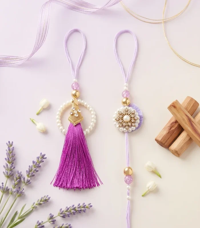 Purple Pearl Kundan Bhaiya Bhabhi Rakhi Set with Magenta Tassel Lumba – Wishbuds